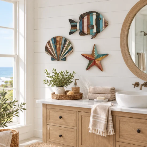Décoration murale marine en bois multicolore dans une salle de bain