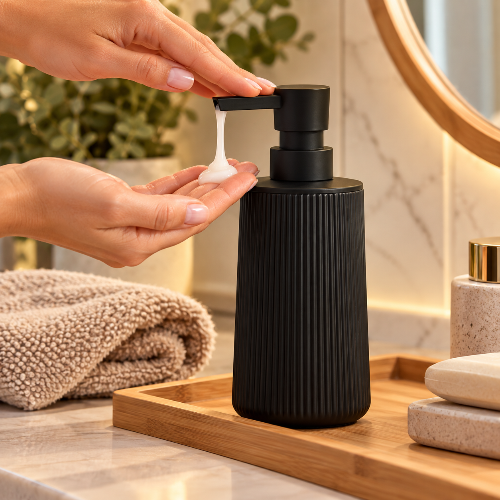 Distributeur de savon noir à pompe posé sur un meuble