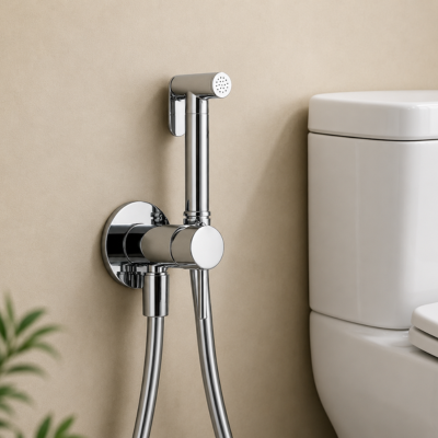Douchette WC avec flexible mural installée près d'une toilette moderne