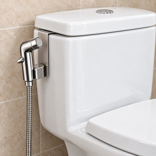 Douchette WC chromée rangée sur un support placé au rebord du réservoir