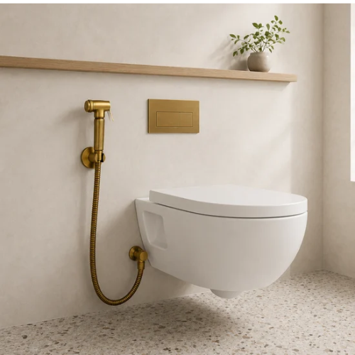 Douchette WC dorée avec flexible installée près d’une toilette suspendue