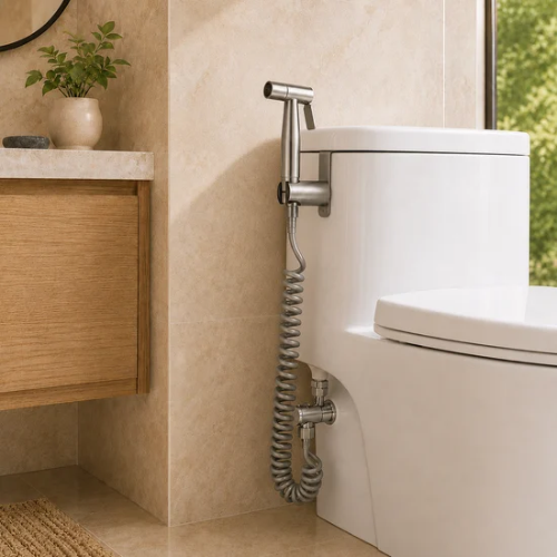 Douchette WC en inox fixée sous le couvercle du réservoir