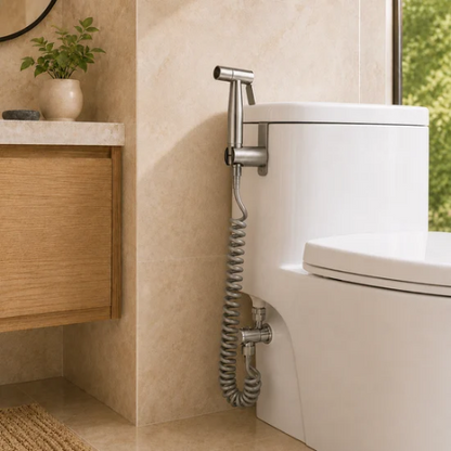 Douchette WC en inox fixée sous le couvercle du réservoir