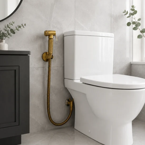 Douchette WC en laiton vieilli installée près d’une toilette blanche