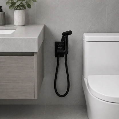 Douchette WC noire installé entre un lavabo et une toilette