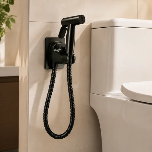 Douchette WC noire installée sur le mur près d’une toilette
