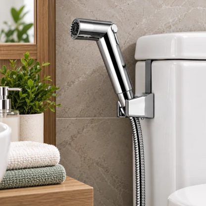 Douchette hygiénique chromée avec flexible, installée près d’une toilette