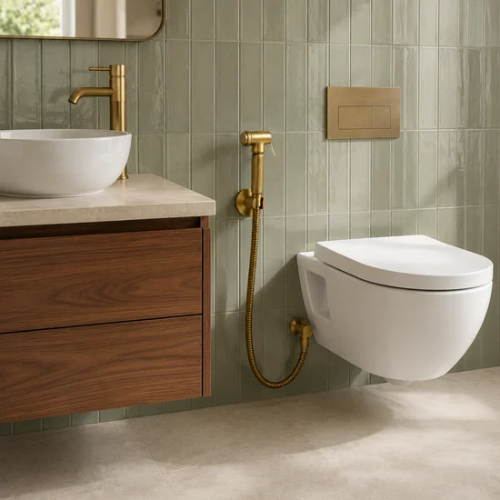 Douchette-hygiénique-dorée-installée entre-un-comptoir-en-bois