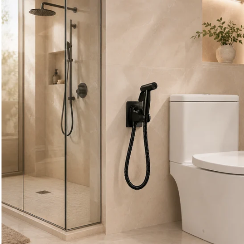 Douchette multifonction noire installée entre une douche et un WC