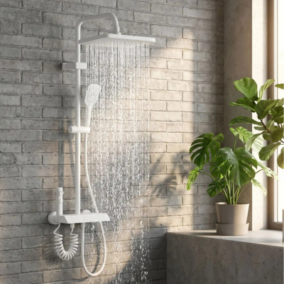 Ensemble de douche blanc digital sur mur gris en brique