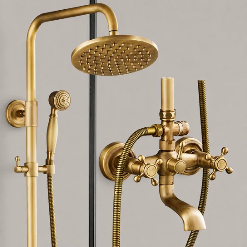 Ensemble de douche doré rétro avec pommeau pluie et robinet