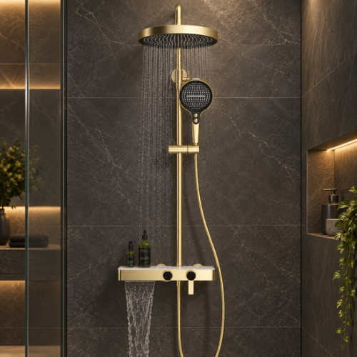 Ensemble de douche or brossé sur un mur en pierre noire