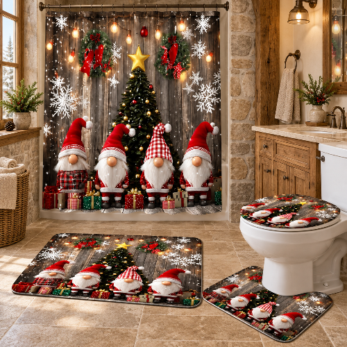 Ensemble salle de bain Noël 4 pièces à motifs de gnomes