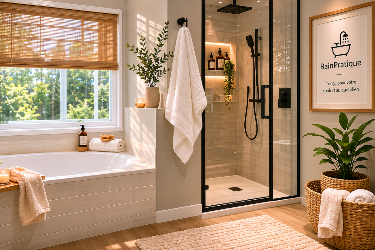 Espace bien-être avec baignoire, douche moderne et accessoires