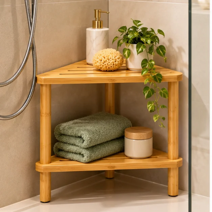 Étagère d’angle en bambou pour douche avec rangement pratique
