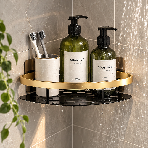 Étagère de douche d'angle noire et dorée avec fond perforé