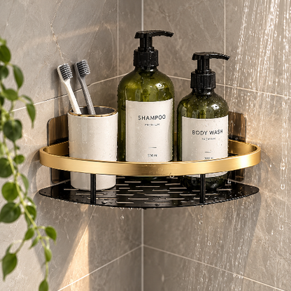 Étagère de douche d'angle noire et dorée avec fond perforé