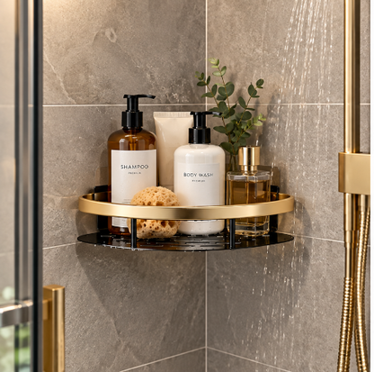 Étagère de douche d'angle noire et dorée