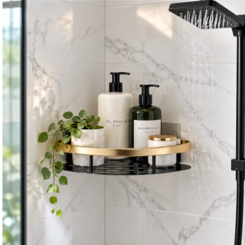 Étagère de douche murale d'angle noire et dorée avec produits