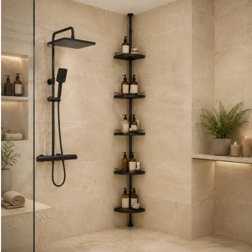 Étagère de douche noire sans perçage à cinq plateaux