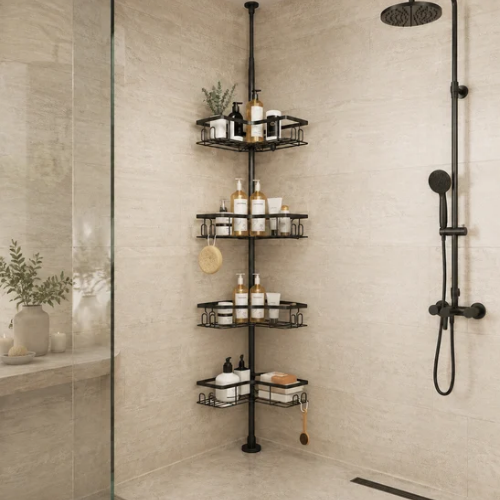 Étagère de douche télescopique noire à quatre paniers