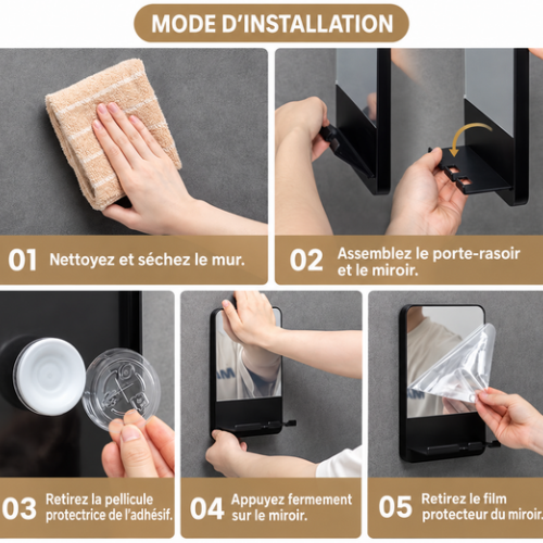 Étapes d’installation du miroir de douche antibuée avec support adhésif