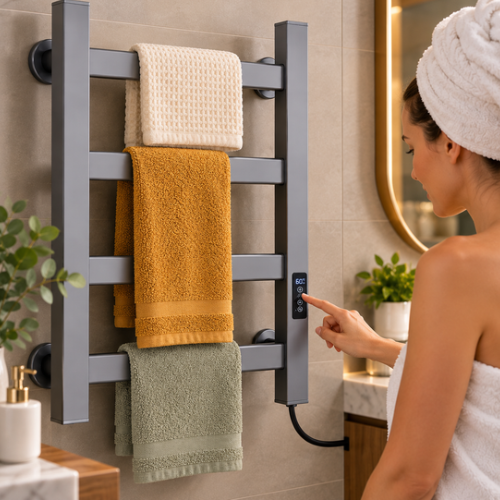 Femme réglant l’écran tactile d’un sèche-serviette électrique gris