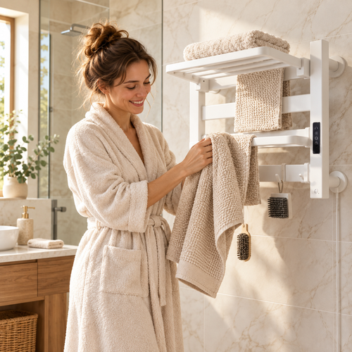 Femme souriante prenant une serviette chaude sur un sèche-serviette