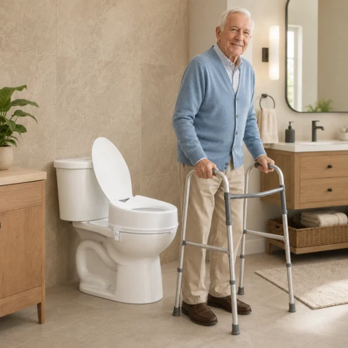 Homme âgé avec marchette devant un rehausseur de toilette blanc
