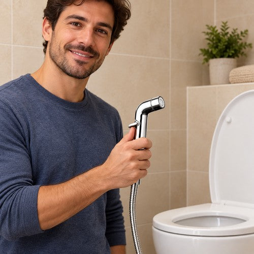 Homme souriant tenant une douchette WC chromée près des toilettes