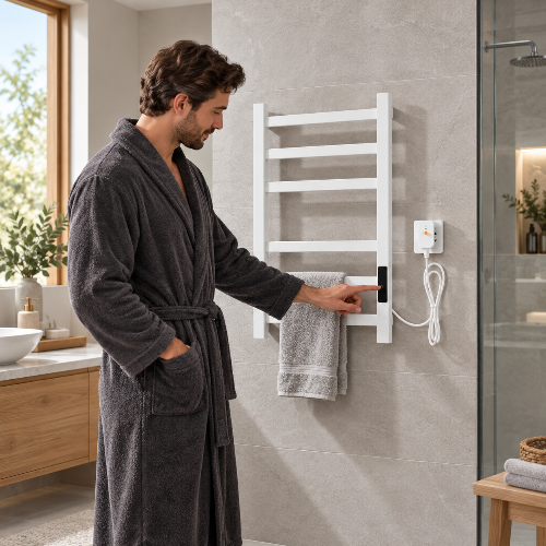 Homme utilisant la commande d’un sèche-serviette mural