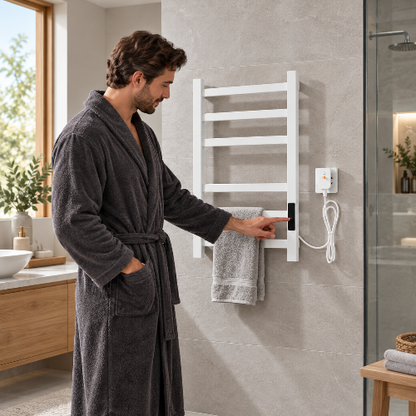 Homme utilisant la commande d’un sèche-serviette mural
