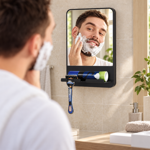 Homme utilisant un miroir antibuée pour appliquer sa mousse