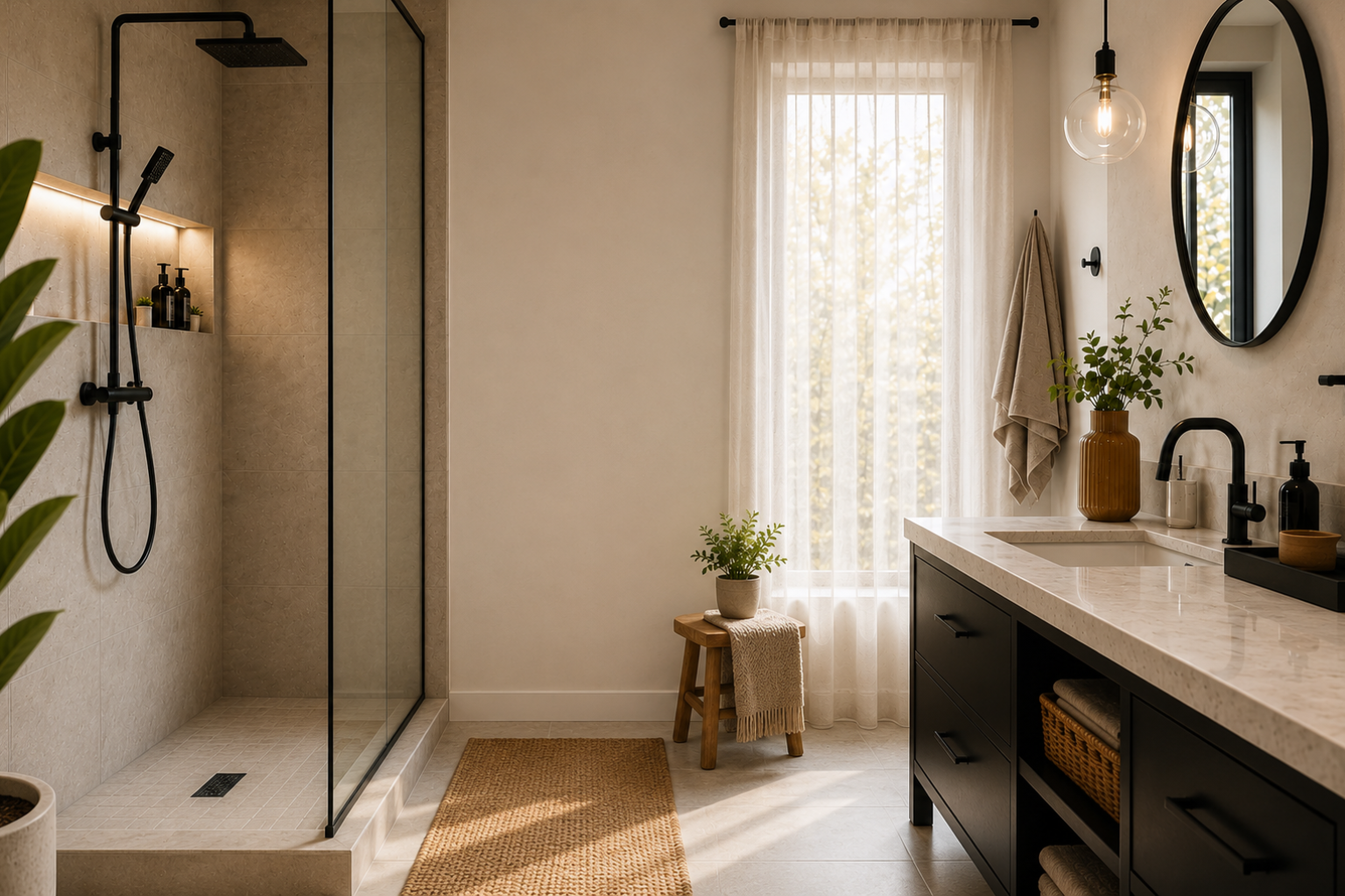Inspiration salle de bain moderne avec douche vitrée rangement intégré