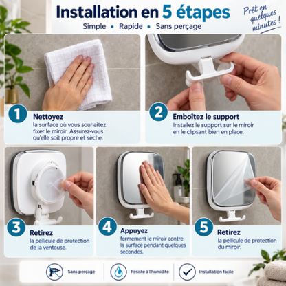 Installation du miroir anti-buée de douche avec ventouse sans perçage