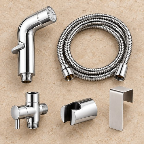 Kit de douchette WC chromée avec flexible, porte-douchette et raccord en T