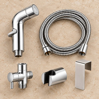 Kit de douchette WC chromée avec flexible, porte-douchette et raccord en T
