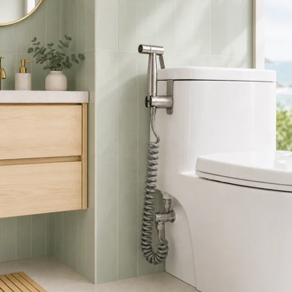 Kit douchette WC installé près d’une toilette avec meuble