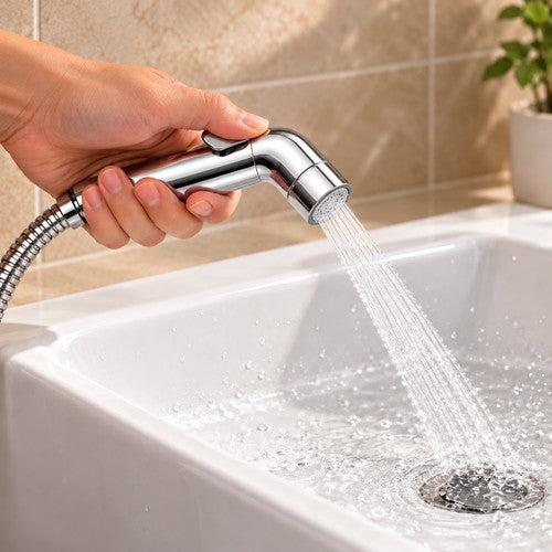 Main tenant une douchette WC chromée inclinée vers un lavabo