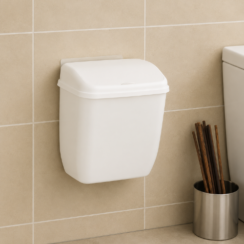 Mini poubelle murale blanche sans perçage sur carrelage beige
