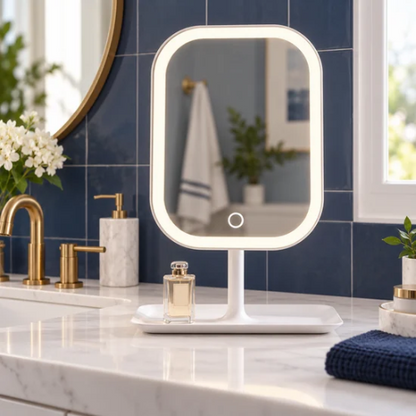 Miroir LED blanc dans une salle de bain moderne bleu marine