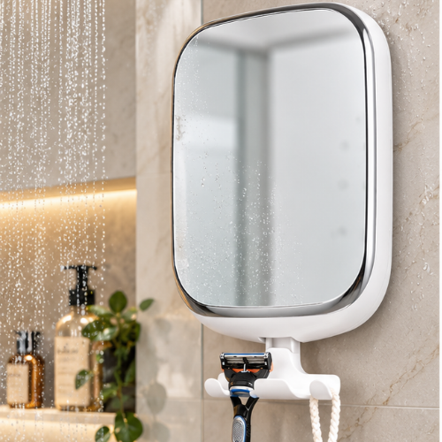 Miroir anti-buée de douche avec ventouse dans une douche