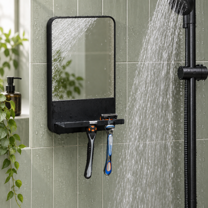 Miroir de douche antibuée noir avec porte-rasoir dans une douche