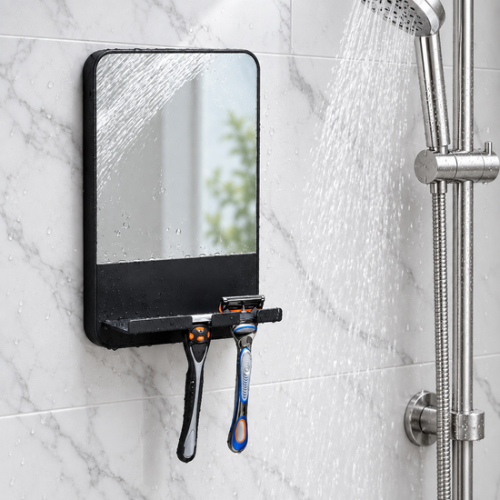 Miroir de douche noir avec tablette de rangement sur mur