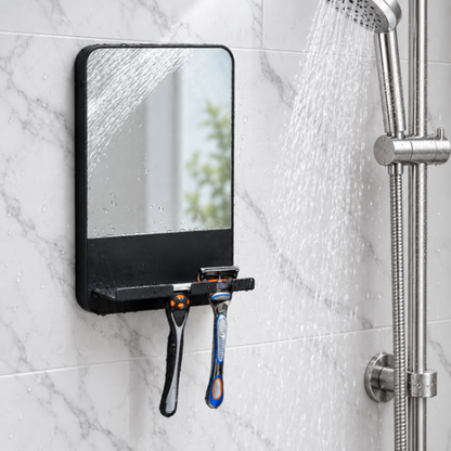 Miroir de douche noir avec tablette de rangement sur mur