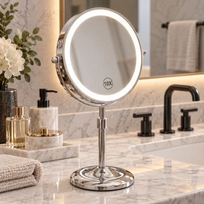 Miroir de maquillage LED chromé sur un meuble-lavabo en marbre