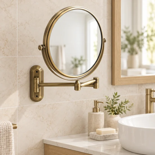 Miroir de maquillage mural grossissant en laiton doré