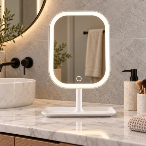 Miroir de maquillage tactile sur un meuble-lavabo en marbre