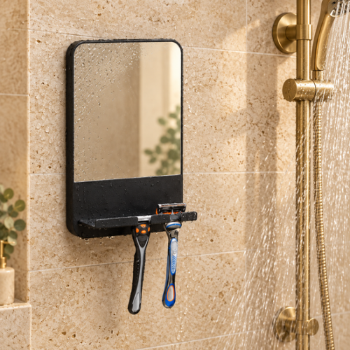 Miroir de rasage mural antibuée sur carrelage beige avec rasoirs