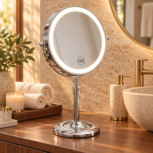 Miroir grossissant 10X lumineux sur pied dans une salle de bain